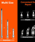 9 Piece Socket Accessory Set With 1/4 Inch, 3/8 Inch And 1/2 Inch Drive Universal Joints, 3 Inch, 6 Inch And 10 Inch Drive Extension Bars, And Adapters From 1/4 To 3/8, 3/8 To 1/4 And 1/2 To 3/8, Pro Grade Chrome Vanadium Steel Mirror Finish.
