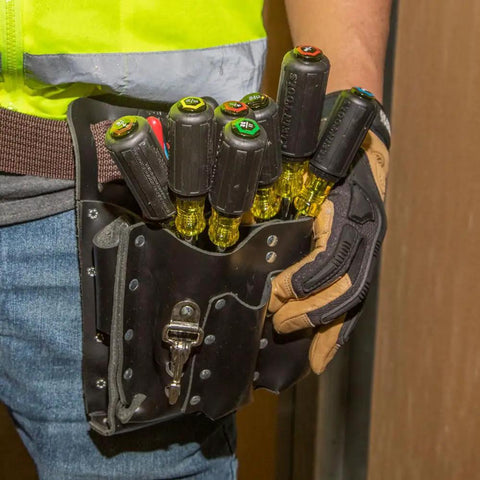 Nut Driver Set With Cushion Grip And Chrome Plated 6 Inch Shafts, 7 Piece Includes Sizes 3/16 to 1/2 Inch, in a tool belt