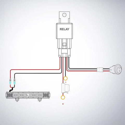 Diagram of 16 AWG wiring harness kit for 20 Inch 126W LED Light Bar Spot Flood Combo for Off Road Driving with relay and connectors.