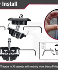 Diagram showing installation of Retractable Truck Bed Tie Down Anchors 2-Pack With Raised Fit OE Texture Top Rail, tool-free.