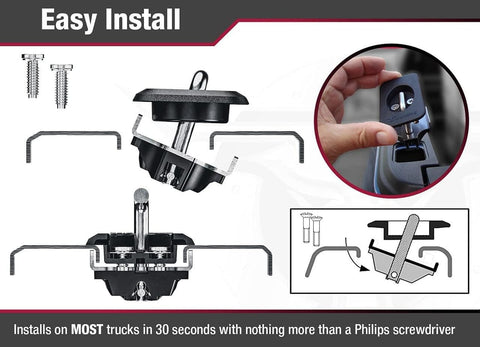 Diagram showing installation of Retractable Truck Bed Tie Down Anchors 2-Pack With Raised Fit OE Texture Top Rail, tool-free.