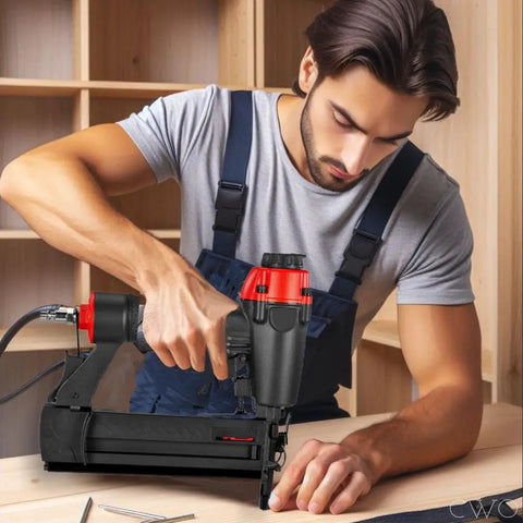 Heavy Duty 18 Gauge Brad Nailer And Narrow Crown Stapler Combo with compact aluminum body used for upholstery work.