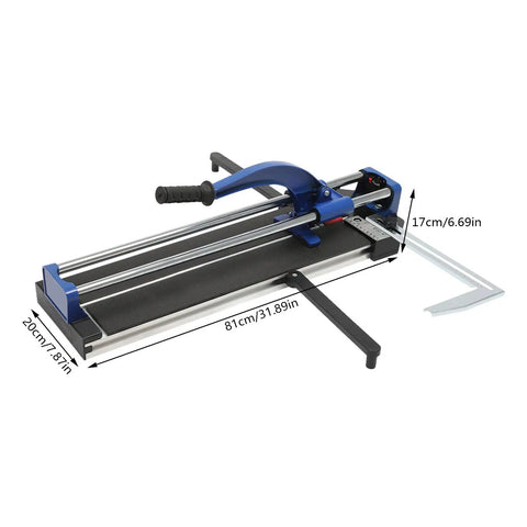 Built Like A Tank 24 Inch Manual Tile Cutter For Porcelain And Ceramic Tiles Featuring Tungsten Alloy Wheel Dual Steel Rails Infrared Laser Alignment And Precision Ruler Bar, side view with dimensions.