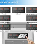 Portable Money Counter With UV And MG Counterfeit Detection, fast and accurate, display showing various operation modes.