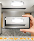 Phone displaying Low Profile 9 Inch Flush Mount LED Ceiling Light Fixture, 18W 5000K Daylight, in hallway