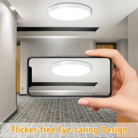 Phone displaying Low Profile 9 Inch Flush Mount LED Ceiling Light Fixture, 18W 5000K Daylight, in hallway