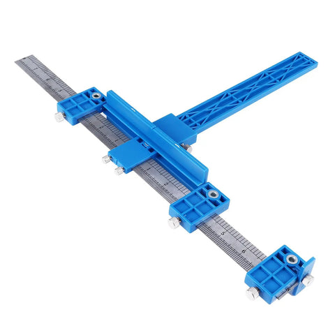 Heavy Duty Aluminum Dowel Punch Locator Drill Guide For Woodworking And Cabinet Hardware Mounting, blue measuring tool for precise alignment.
