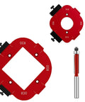 Router Corner Radius Template Set for Woodworking with two red aluminum jigs and guide pin, interchangeable templates for R10 to R50.