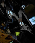 High Clearance Boxed Rear Radius Arms Beefed Up For Polaris RZR XP 900 And XP 4 900 2011 To 2014 Black Finish Heavy Duty Welded Strength Upgrade For Tough Trails And More Maneuverability close-up installed with bolts