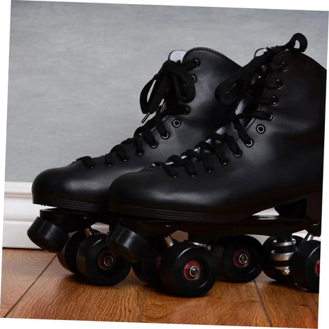Black quad skates with Two Pack Adjustable Rubber Toe Stoppers For Quad Skates Durable Brake Block Replacement For Roller Skating Shoes High Elastic Rubber Design For Comfort And Control Ride Ready Speed Management For Beginners on wooden floor