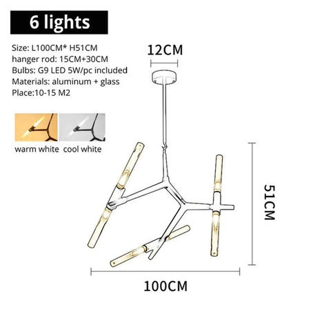 Post-Modern Nordic Pendant Light Herringbone Contemporary Living Room Dining Room Dimmable G9 Bulb Hanging Lamps LED 6 lights design with aluminum and glass.