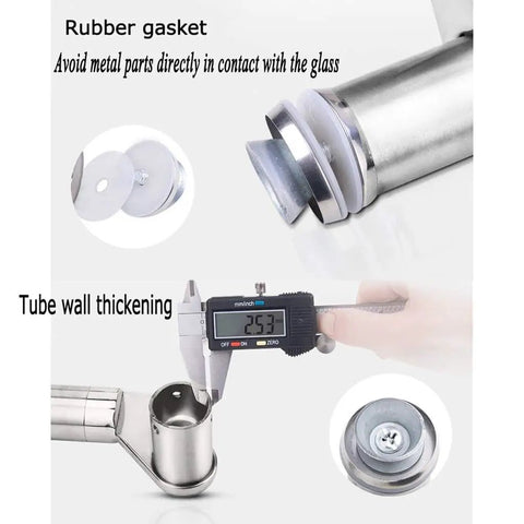 Close-up of Heavy Duty Brushed Stainless Steel Push Pull Glass Door Handle showing rubber gasket and 25.3 mm tube wall thickness.