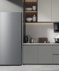 No Sweat 21 Cubic Foot Upright Convertible Freezer And Refrigerator With Built Tough Stainless Steel Exterior in modern kitchen setting.