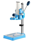 Heavy-Duty Drill Press Stand With 90 Degree Rotatable Base And 80mm Stroke For Precision Woodworking with blue accents and steel construction.