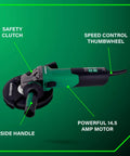 Heavy Duty Concrete Renovation Grinder Kit with 14.5 Amp High Torque Motor features safety clutch and speed control thumbwheel