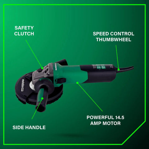 Heavy Duty Concrete Renovation Grinder Kit with 14.5 Amp High Torque Motor features safety clutch and speed control thumbwheel