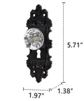 Image of Two Piece Vintage Cabinet Pull Drawer Knob Set With Clear Resin Knob Distressed Pewter Finish mounted on black ornate plate.