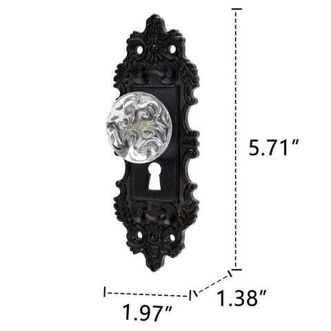 Image of Two Piece Vintage Cabinet Pull Drawer Knob Set With Clear Resin Knob Distressed Pewter Finish mounted on black ornate plate.