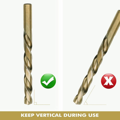 Cobalt Drill Bit Set 29 Pc M35 High Speed Steel Twist Jobber Length Built Tough For Hardened Metal Stainless Steel Cast Iron Wood And Plastics With Metal Index Storage Box 1 Sixteenth To 1 Half Inch, showing correct and incorrect drill position