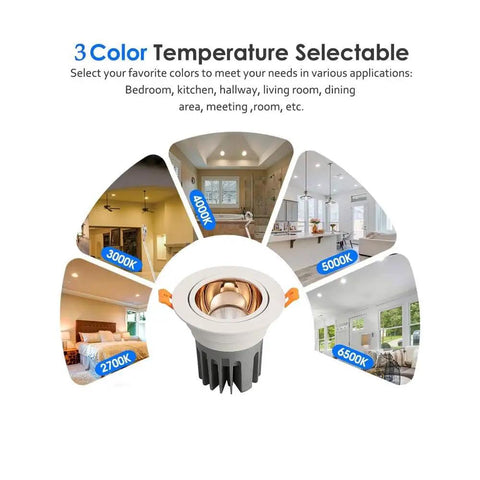 MXJCKSOQ 3.5 inch Recessed Lighting Kit Fixture 7W,10W,15W,20W 4000KLED showing selectable color temperatures in various room settings.