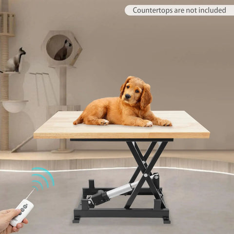 Rugged Electric Scissor Lift Table With 250 Lbs Capacity And Heavy Duty Hydraulic Pump showing a puppy resting on the adjustable platform.