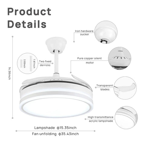 Product details of Retractable 36 Inch Ceiling Fan With Lights Remote Control Industrial Style Fan, showing blade and motor design.