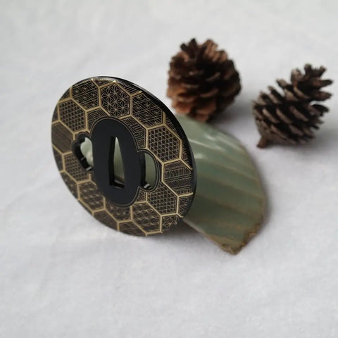 Iron Carved Tsuba Koshirae For Samurai Sword TDH 010 2.95 Inch Guard, intricate design, 75mm x 75mm with 26mm inner opening.
