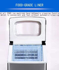 Fast Acting Countertop Ice Maker With Clear Viewing Window And Touch Control Self Wash Cracks Out Fifty Pounds Daily, showing ice maker interior with food-grade liner.