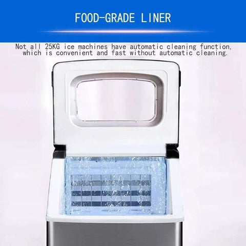 Fast Acting Countertop Ice Maker With Clear Viewing Window And Touch Control Self Wash Cracks Out Fifty Pounds Daily, showing ice maker interior with food-grade liner.