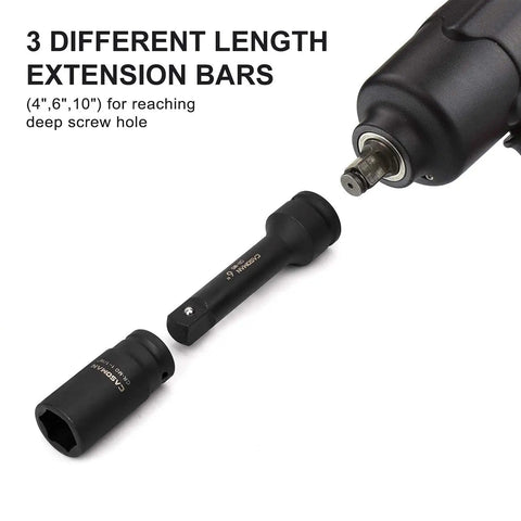 Three Quarter Inch Drive Impact Extension Bar Set In CR MO Steel With Black Oxide Finish and socket attached to tool
