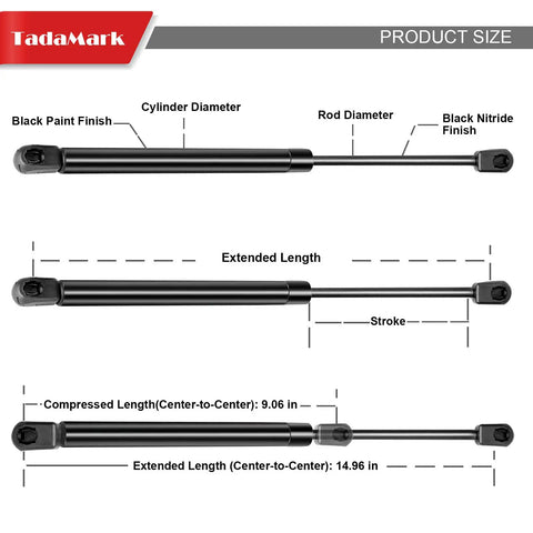 Beefy 15 Inch Gas Struts Set For Truck Caps And Camper Shells, 45 Lb Per Strut, 2 Piece Pair, Fits Leer Snugtop And ARE Topper, Lid Lift Supports For Window Canopy And Toolbox Lid, black gas strut size diagram with 14.96 in extended length