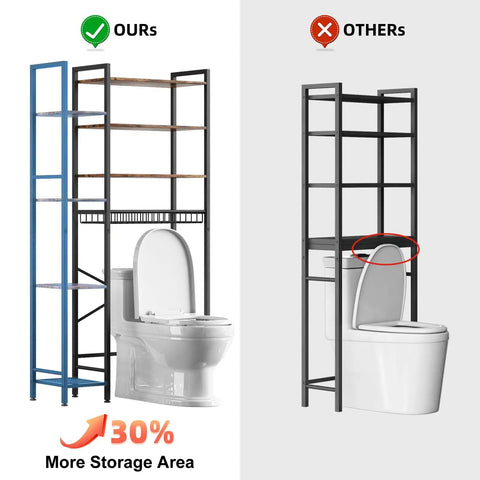Freestanding Eight Tier Over The Toilet Storage Rack With Adjustable Shelves And Drain Basket Vintage Brown comparison image showing more storage area.