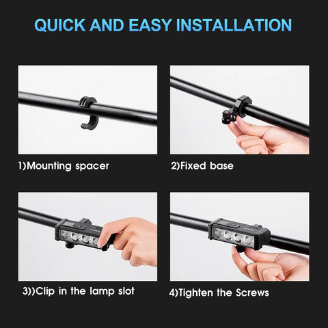 Ultra Hella Bright USB Rechargeable Bike Light installation steps: mounting, fixing, clipping, and tightening.