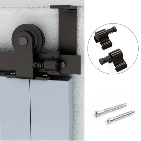 Sliding Barn Door Hardware Kit Black For 5.5 Foot Ceiling Mount With L Shaped Bracket System close-up view with screws and rollers