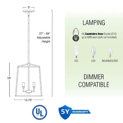 Dope Two Tone Farmhouse 4 Light Pendant Chandelier In Black And Warm Brass, dimensions, bulb types, and dimmer compatibility info