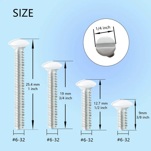 White Wall Plate Screws Pack With One Hundred Pieces In Four Length Sizes Three Eighths Inch One Half Inch Three Quarters Inch And One Inch Six Thirty Two Thread Switch Plate Screws For Outlet Covers And Light Switch Plates Easy Replacement showing screw dimensions and sizes