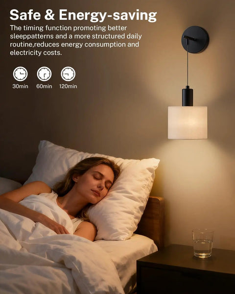 Cordless Battery Operated Wall Sconces Set Of 2 With Remote Control in a bedroom, illuminating softly next to a sleeping person.