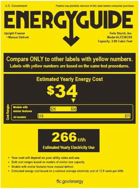 Energy guide label for Slick Stainless Steel Undercounter All Freezer For Residential Space featuring estimated energy cost and usage.