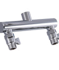 Double Outlet Chrome Shower Manifold With Independent Shut Off Valves shown in polished stainless steel finish.