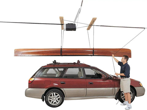 Overhead Garage Hoist System For Lightweight Cargo Carrier To Tuck Kayaks Canoes And Paddle Boards Up High Four Point Hoist 60 LB Max