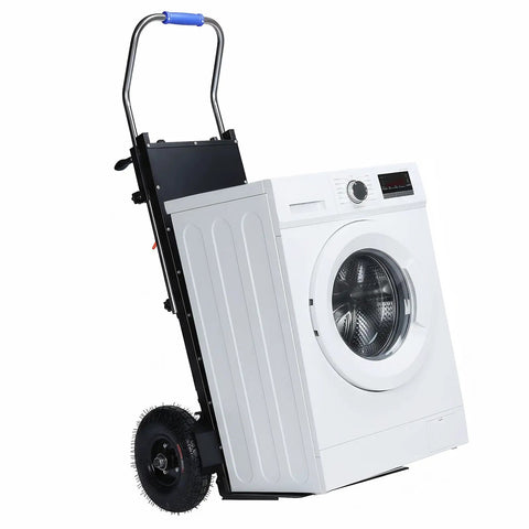 Heavy Duty Electric Stair Climbing Hand Truck Featuring A Beefy 1500 Watt Motor Moves 880 Pounds Of Furniture Or Warehouse Load Up Stairs Without Skipping A Beat During Your Daily Hustle Grind, carrying a washing machine.