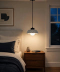 Karjera Black Pendant Lights Kitchen Island, Ribbed Concrete Hanging Light over bedside table in a cozy bedroom setting.