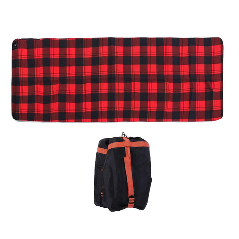 Red Plaid Heated Sleeping Bag Pad With Five Heating Zones And USB Power Camp Comfort Liner For Cold Nights 3 Temperature Levels Continuous Heat 8 To 12 Hours; sleeping bag pad and black carry bag.