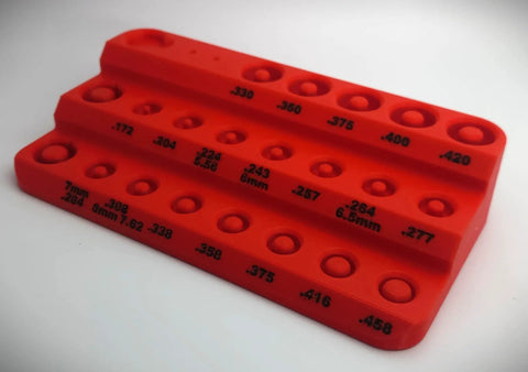 Table Top Reloading Stand for Bullet Comparator and Headspace Gauge Kits Keeps Lock N Load Gauge and 14 Insert Bullet Comparator Set Organized red anodized holder