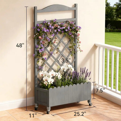 Two Pack Planter Box With Trellis And Wheels, 48 Inch Elevated Raised Garden Bed With Drainage Holes, Outdoor Lattice For Climbing Flowers And Veggies, Perfect Patio Balcony Gray