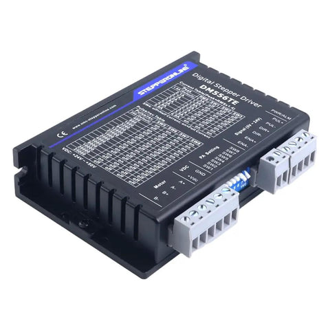 TE Series Digital Stepper Driver 1.8-5.6A 24-50VDC for Nema 23, 24, 34, showing connection ports and technical specs on casing.
