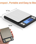 Ultra Precision Digital Gram Scale 0.01g 1000g capacity with USB and large display, hand-held view and dimensions shown