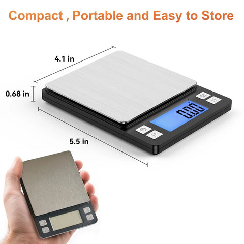Ultra Precision Digital Gram Scale 0.01g 1000g capacity with USB and large display, hand-held view and dimensions shown