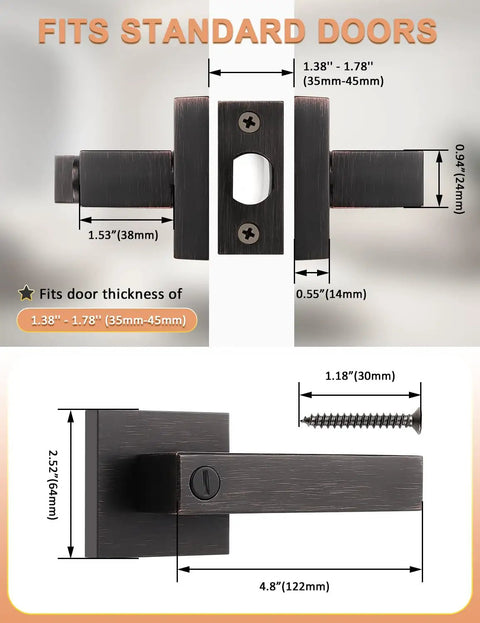 8 Pack Oil Rubbed Bronze Privacy Door Handles For Interior Doors Vintage Square Levers Heavy Duty Bedroom And Bathroom Door Knobs Keyless Privacy Levers Durable Stainless Steel And Zinc Alloy Build Built To Last, showing measurements for standard doors.