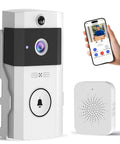 Wireless Wi-Fi Video Doorbell Camera With Two-Way Audio For Outdoor Front Door No-Brainer Easy Install Night Vision And Cloud Storage 2 4G Wi-Fi Video Doorbell With Chime Home Security System White, with smartphone view and chime